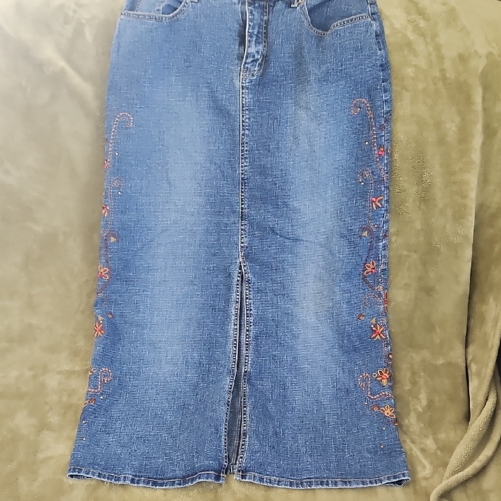 Floral Embroidered Blue Denim Skirt